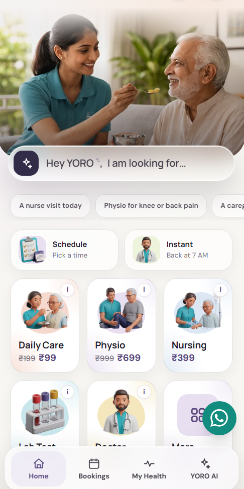 YORO app home screen: home-care services and booking