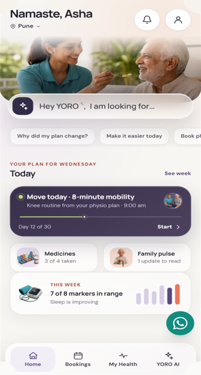 YORO app care plan view: daily tasks, medicines and family health updates